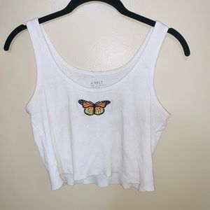 Cropped white tank with a butterfly detail.